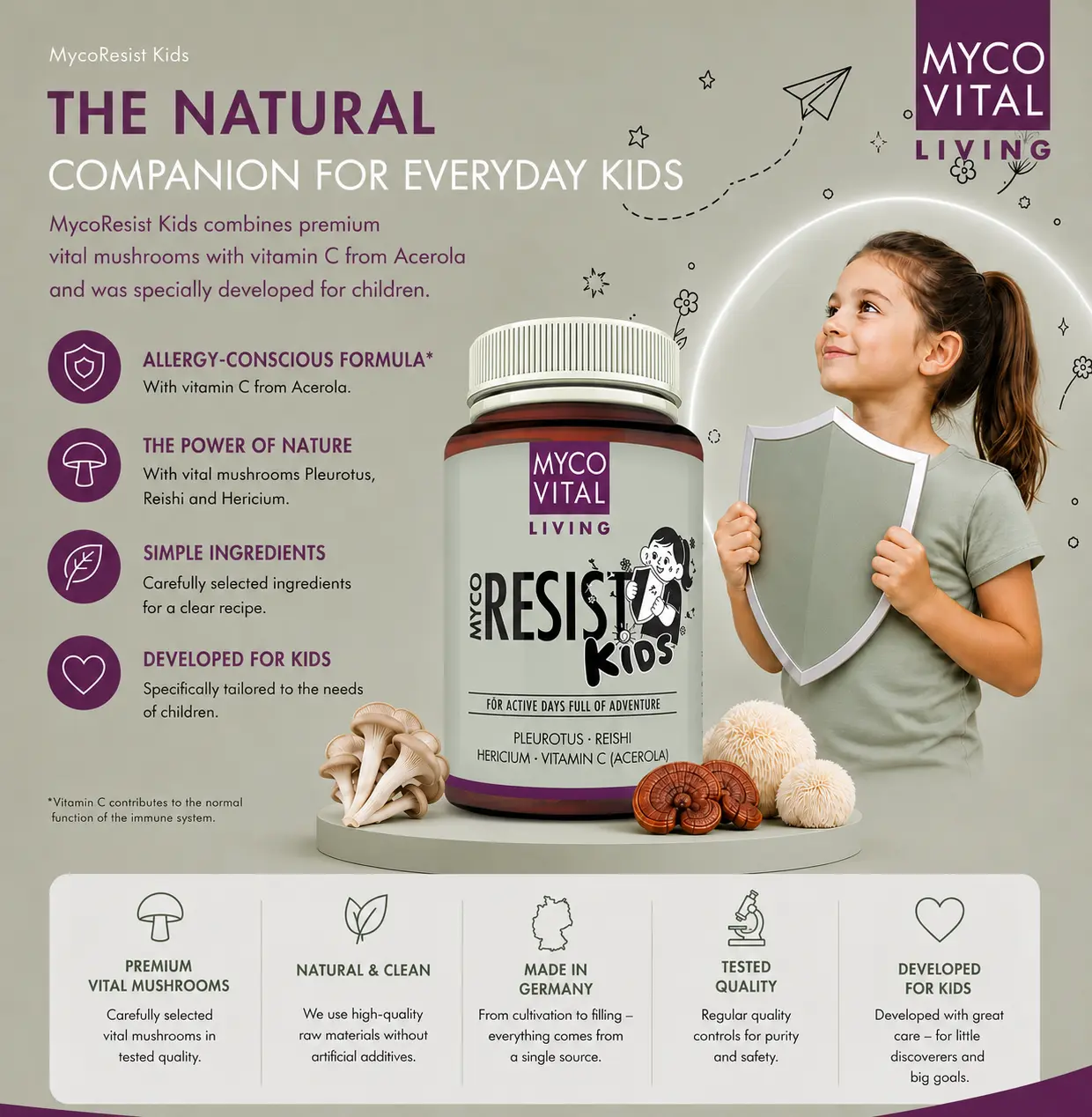 MycoVital_ A smiling young girl extends her arm next to a bottle of MycoResist Kids supplement. The informational text highlights the natural ingredients, benefits for children, and key features in German. Icons illustrate the product properties.