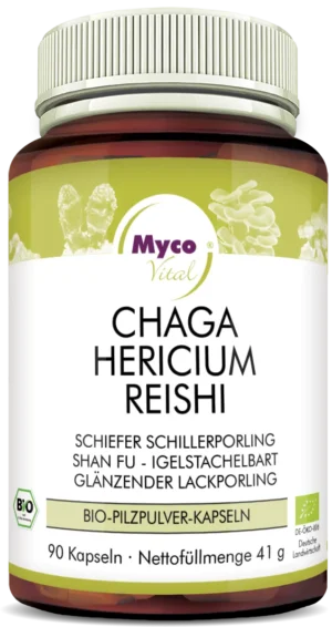 MycoVital_ Eine Flasche „ABM-MAITAKE-SHIITAKE Bio-Pilzpulver-Kapseln (Mischung 312) (Kopie)“ mit einer Mischung aus ABM-, Maitake- und Shiitake-Pilzen, mit deutschem Text und grünen Akzenten auf dem Etikett. Enthält 90 Kapseln, 41 g Nettogewicht und trägt Bio-Zertifizierungssymbole.