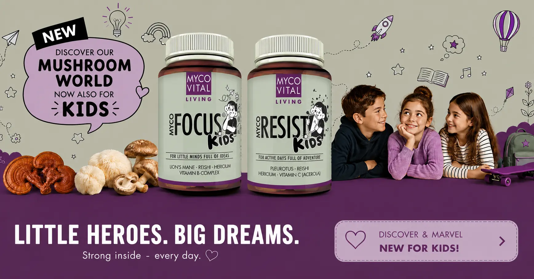 MycoVital_ Two bottles of MycoVital supplements for kids are shown with illustrations of mushrooms and smiling children sitting together, set against a purple background with promotional text in German.