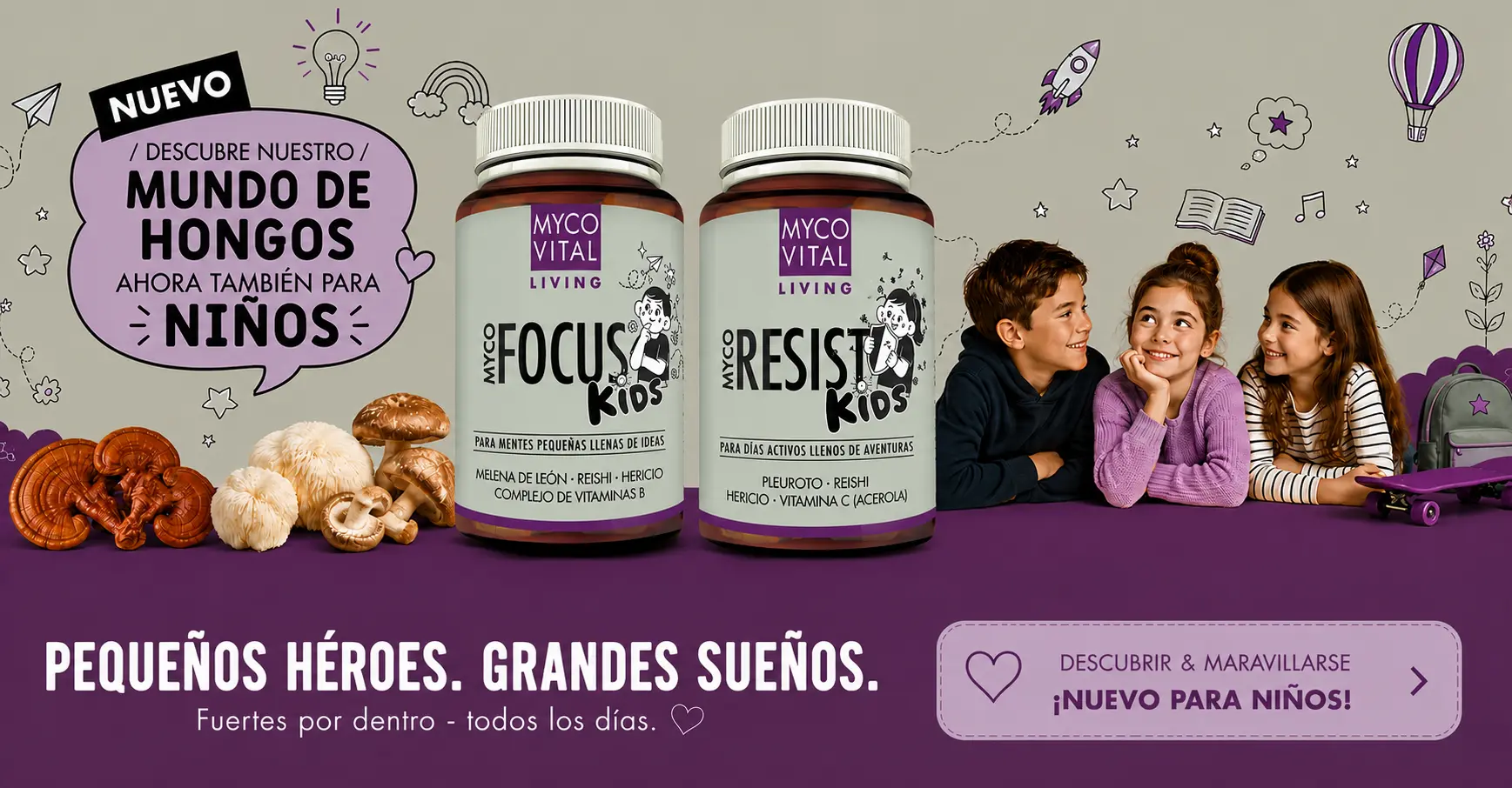 MycoVital_ Se muestran dos frascos de suplementos para ni&ntilde;os con setas, iconos de dibujos animados y tres ni&ntilde;os sentados juntos, sonriendo y hablando. El texto en alem&aacute;n promociona productos de bienestar para ni&ntilde;os a base de setas.