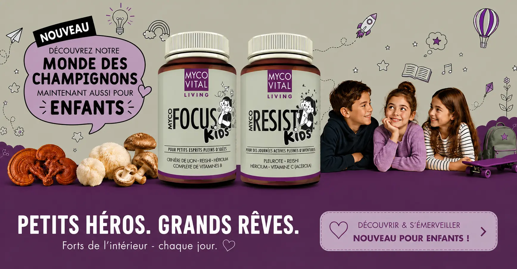 MycoVital_ La publicit&eacute; pour les compl&eacute;ments alimentaires pour enfants de Myco Vital met en sc&egrave;ne deux flacons, des champignons et trois enfants souriants assis ensemble, accompagn&eacute;e d'un texte en allemand vantant les bienfaits pour l'immunit&eacute; et la concentration. Fond violet orn&eacute; de gribouillis ludiques.