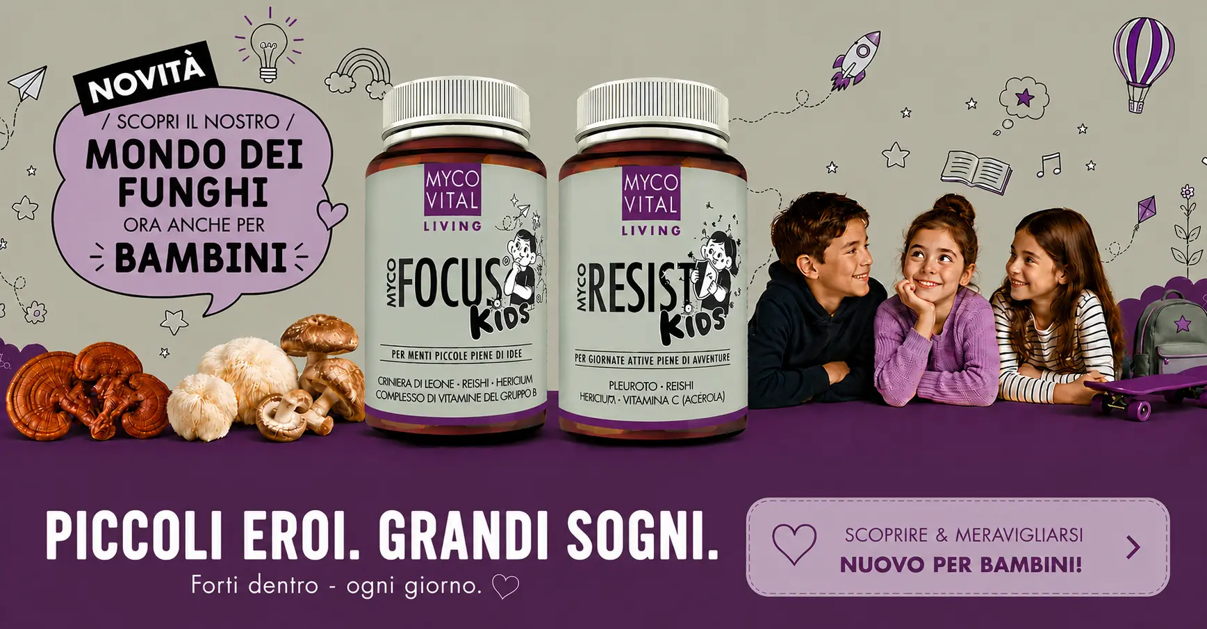 MycoVital_ Due flaconi di integratori per bambini sono disposti tra funghi illustrati e tre bambini sorridenti su uno sfondo viola, con un testo in tedesco che promuove nuovi prodotti a base di funghi per bambini.