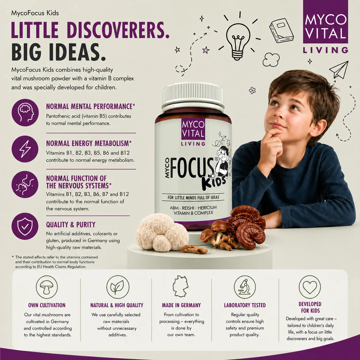 MycoVital_ A young boy sits at a table looking thoughtful, with a jar of MycoFocus Kids supplement and various nuts and mushrooms in front of him. Informational text and icons highlight product benefits and features.